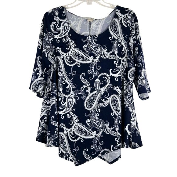 Star Vixen 1x Navy & White Paisley Asymmetrical 3/4 Length Sleeve Blouse - Picture 1 of 8